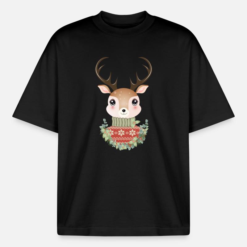 niedlicher Hirsch mit Pullover und Weihnachtskranz - Boxy Heavyweight Unisex Organic T-Shirt von Stanley/Stella - Schwarz