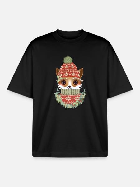 niedlicher Fuchs mit Pullover,Bommelmütze & Kranz - Boxy Heavyweight Unisex Organic T-Shirt von Stanley/Stella - Schwarz
