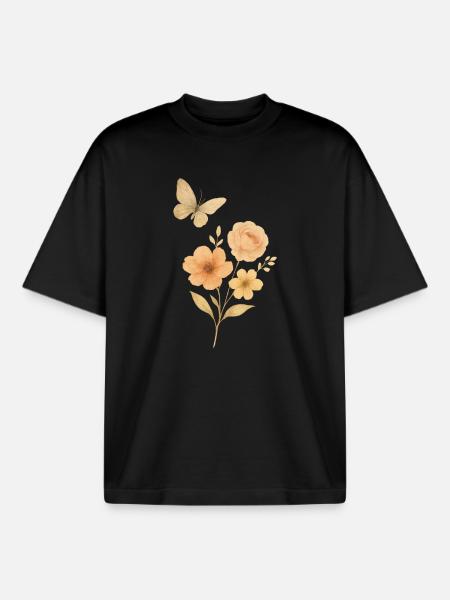 Fleurs pastel avec papillon - T-shirt unisexe boxy épais biologique Stanley/Stella - noir