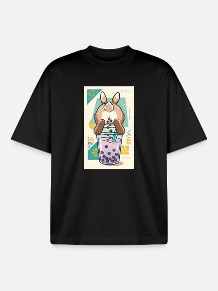 Cute Bunny Funny Boba Bubble Tea - Boxy Heavyweight Unisex Organic T-Shirt by Stanley/Stella - black