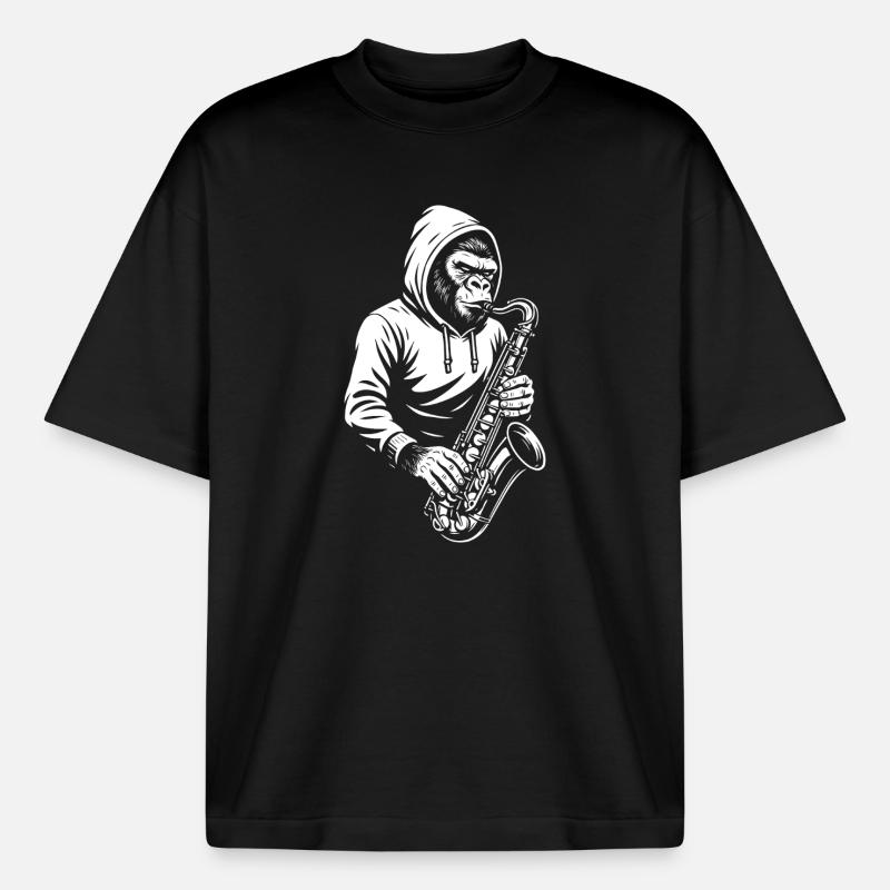 Affe im Kapuzenpullover Saxophon Design - Boxy Heavyweight Unisex Organic T-Shirt von Stanley/Stella - Schwarz