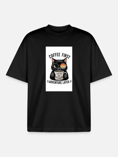 Coffee first, adventure later Cat - Boxy Heavyweight Unisex Organic T-Shirt by Stanley/Stella - black