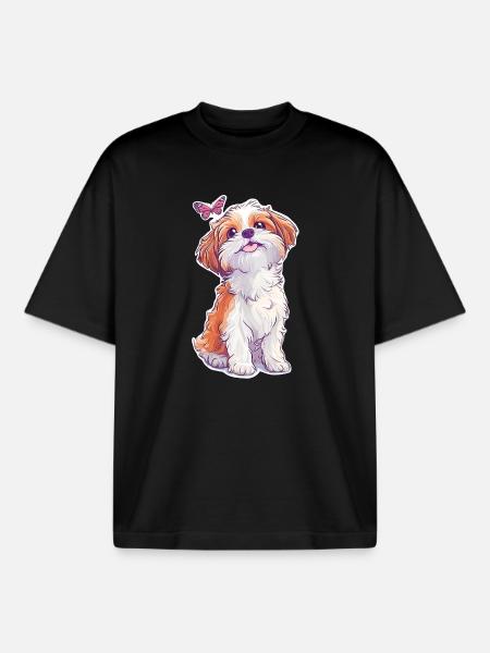 Shih Tzu et papillon - T-shirt unisexe boxy épais biologique Stanley/Stella - noir