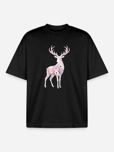 Hirsch Aquarell Silhouette Blumen - Boxy Heavyweight Unisex Organic T-Shirt von Stanley/Stella - Schwarz