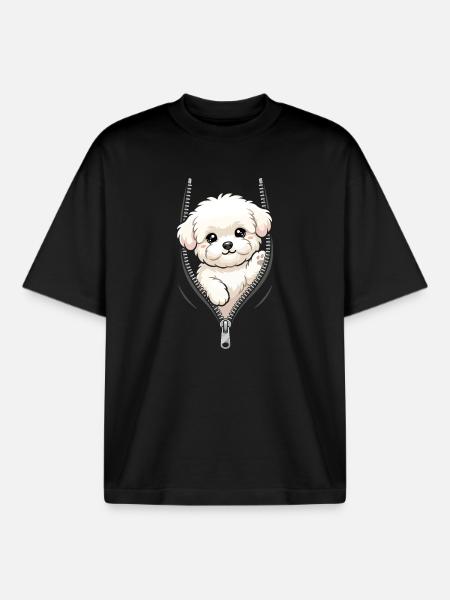 Bichon Fris looks through zipper - Boxy Heavyweight Unisex Organic T-Shirt by Stanley/Stella - black