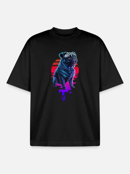 Retro Pug Dog Sunset - Boxy Heavyweight Unisex Organic T-Shirt by Stanley/Stella - black