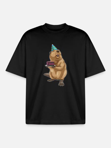 Beaver Birthday Cake - Boxy Heavyweight Unisex Organic T-Shirt by Stanley/Stella - black