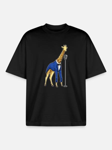 Giraffe Singer Microphone Singing - Boxy Heavyweight Unisex Organic T-Shirt by Stanley/Stella - black