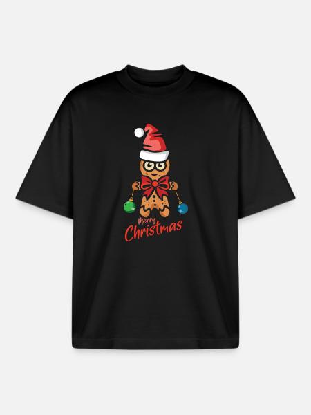 Gingerbread man with Christmas hat - Boxy Heavyweight Unisex Organic T-Shirt by Stanley/Stella - black