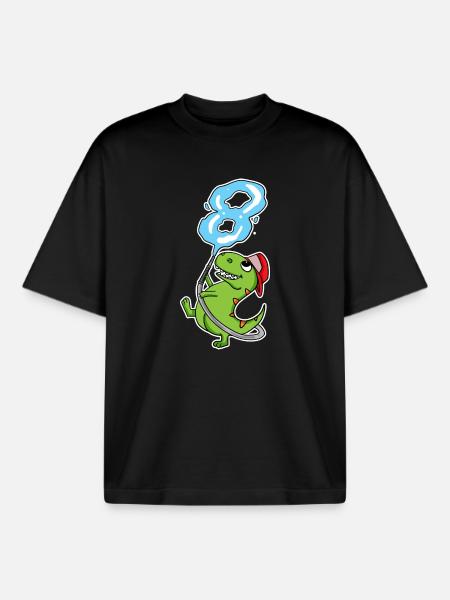 8th Birthday Dinosaur Firefighter Gift - Boxy Heavyweight Unisex Organic T-Shirt by Stanley/Stella - black