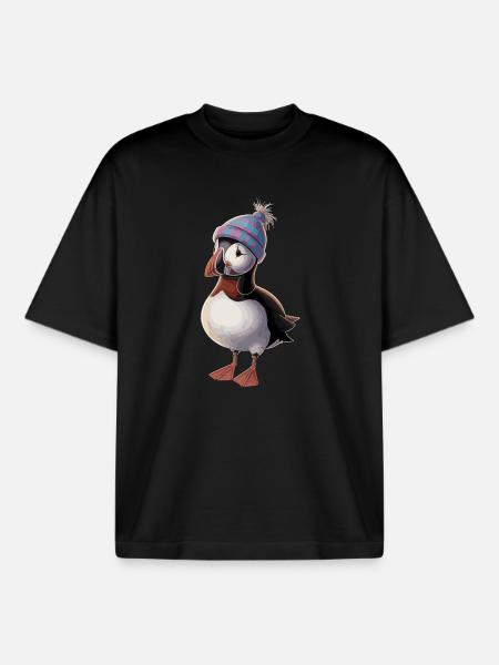Beautiful puffin with cap - Boxy Heavyweight Unisex Organic T-Shirt by Stanley/Stella - black