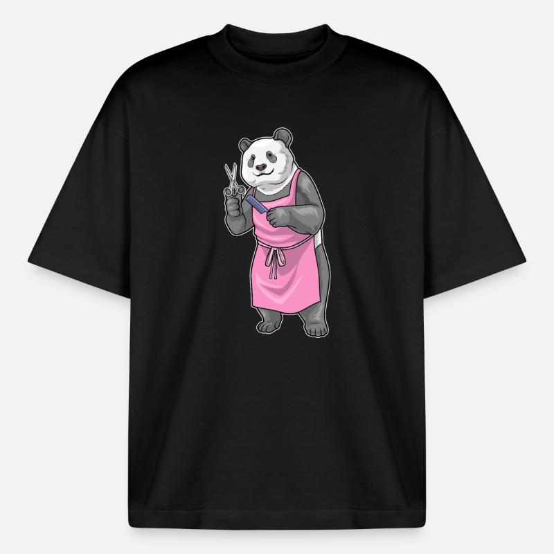 Panda Coiffe Ciseaux Peigne - T-shirt unisexe boxy épais biologique Stanley/Stella - noir