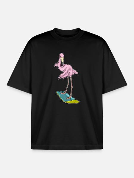 Flamingo Surfing Surfboard Summer - Boxy Heavyweight Unisex Organic T-Shirt by Stanley/Stella - black