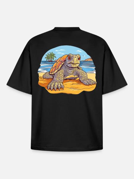 Turtle on the Beach Illustration - Boxy Heavyweight Unisex Organic T-Shirt by Stanley/Stella - black