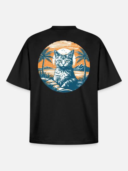 Tropical Cat Magic at Sunset - Boxy Heavyweight Unisex Organic T-Shirt by Stanley/Stella - black
