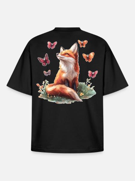 Fox with butterflies - Boxy Heavyweight Unisex Organic T-Shirt by Stanley/Stella - black