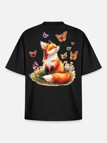 Fox with butterflies - Boxy Heavyweight Unisex Organic T-Shirt by Stanley/Stella - black