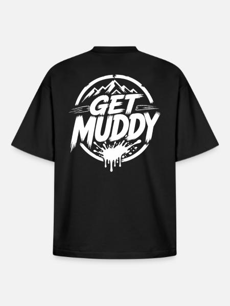 Get Muddy - Logo blanc - T-shirt unisexe boxy épais biologique Stanley/Stella - noir