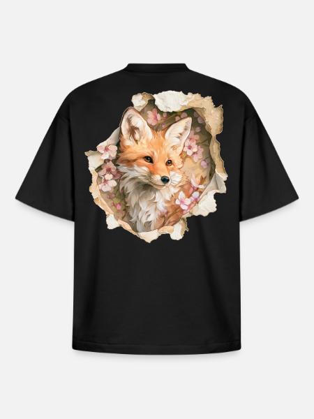 Fox with cherry blossoms - Boxy Heavyweight Unisex Organic T-Shirt by Stanley/Stella - black