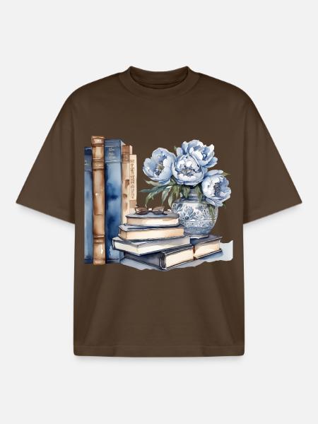 Illustrated classic book and flower arrangement - Boxy Heavyweight Unisex Organic T-Shirt by Stanley/Stella - mocha