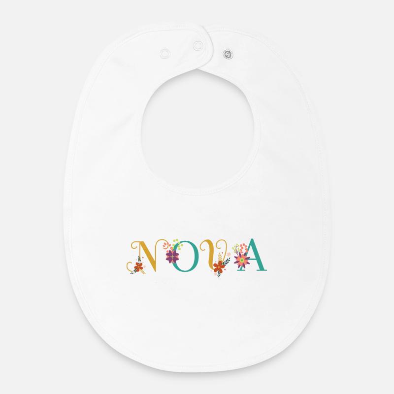 NOVA Name Art avec des fleurs brodées - Bavoir bébé bio - blanc
