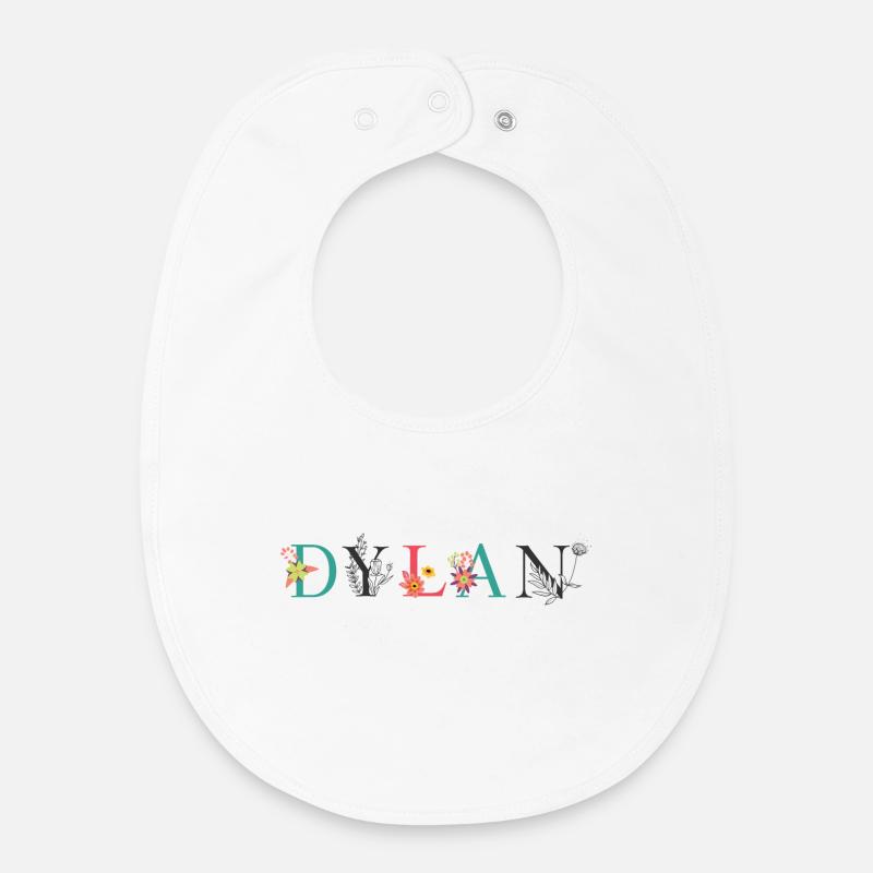 Art du nom DYLAN avec des fleurs brodées - Bavoir bébé bio - blanc