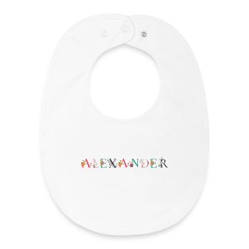 ALEXANDER Name Art With Flowers Embroidered - Baby Organic Bib - white - Front