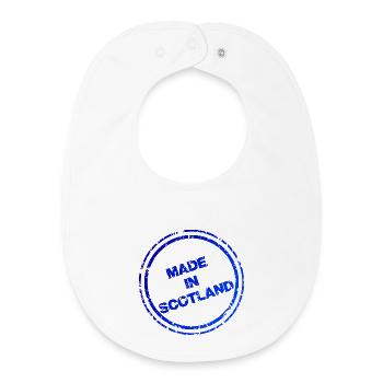 Made in Scotland Stamp Logo – Bold Blue Design - Baby Organic Bib - white - Front