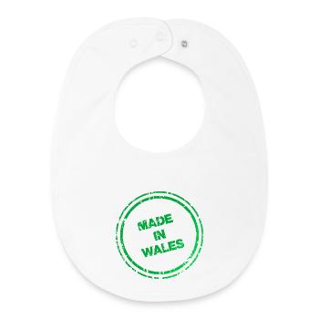 Made in Wales Stamp Logo  Print - Green Retro Logo - Baby Organic Bib - white - Front