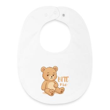 Frecher Teddy-Cutesy Design mit Attitüde - bite me - Baby Organic Lätzchen - Weiß - Vorne