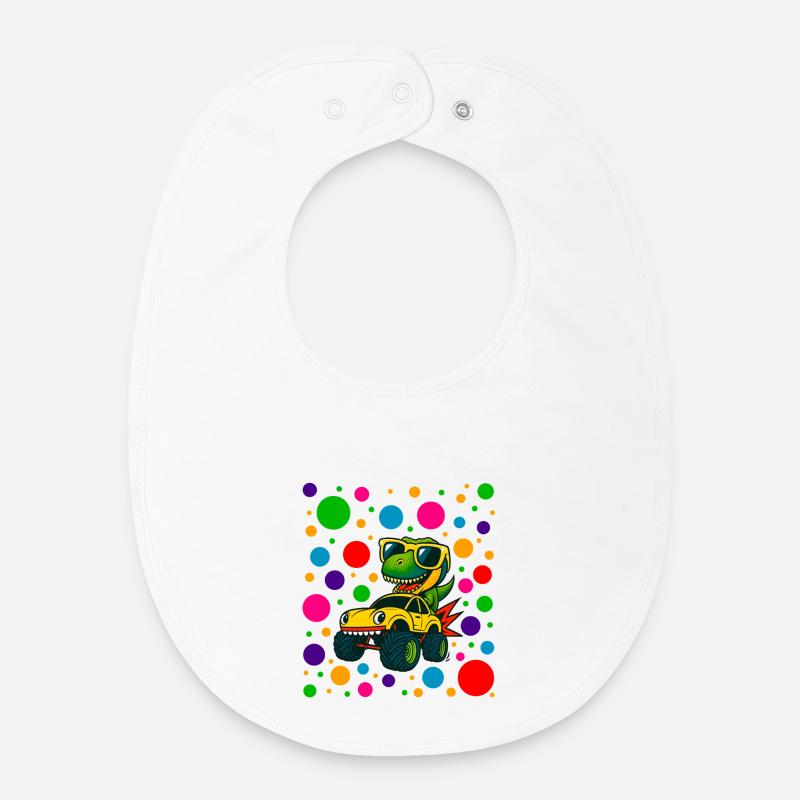 Dino Driver in Neon Dots - Baby Organic Bib - white