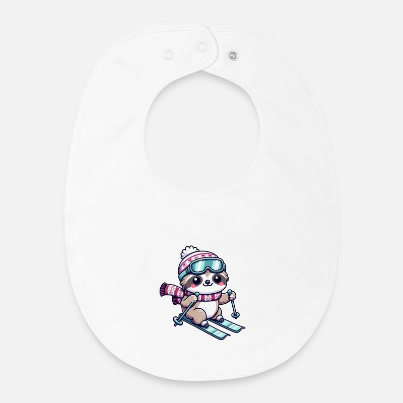 Cute Comic Sloth Skiing - Baby Organic Bib - white