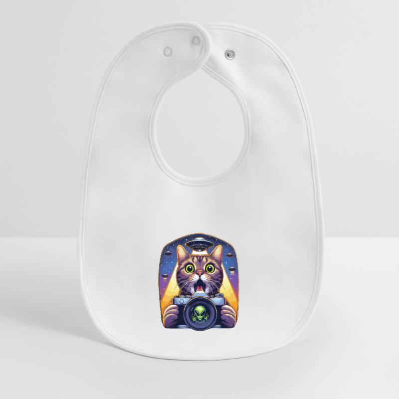 Funny Scared Cat With UFO Alien Attack 3D Effect Baby Organic Bib