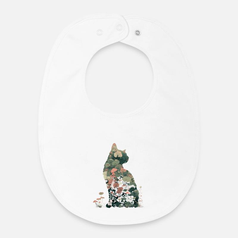 Silhouette de chat artistique thème nature champignon - Bavoir bébé bio - blanc