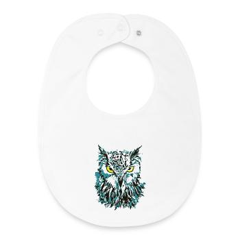 Owl Drawing - Blue Owl with Shining Eyes - Baby Organic Bib - white - Front