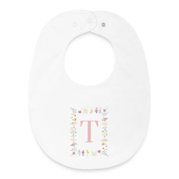 Initiales florales « T », monogramme de lettres - Bavoir bébé bio - blanc - Devant