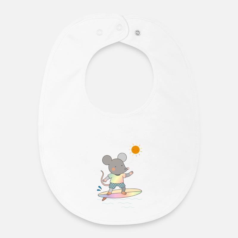 Souris surfeuse sur une planche de surf colorée sous le soleil - Bavoir bébé bio - blanc