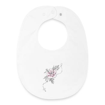 Dessin fleur rose chapelet croix et feuillage - Bavoir bébé bio - blanc - Devant
