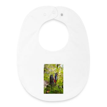 Woodpecker on Mossy Forest Stump - Baby Organic Bib - white - Front