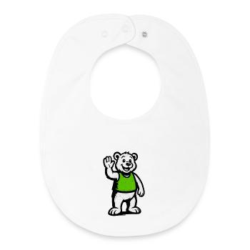 Mascotte : Ours agitant la main en chemise verte - Bavoir bébé bio - blanc - Devant
