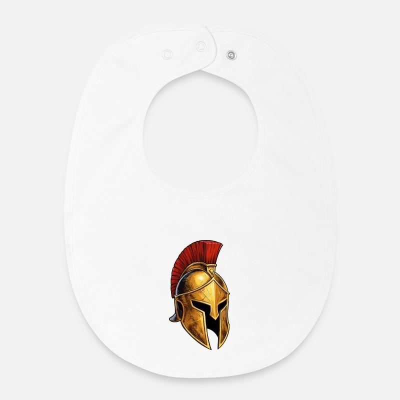 Casque spartiate doré avec plume rouge - Bavoir bébé bio - blanc