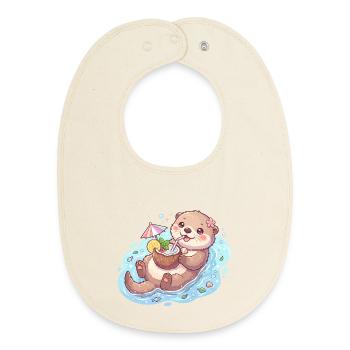 Cute Kawaii Otter Floating with Coconut Drink - Baby Organic Bib - soft Ecru - Front