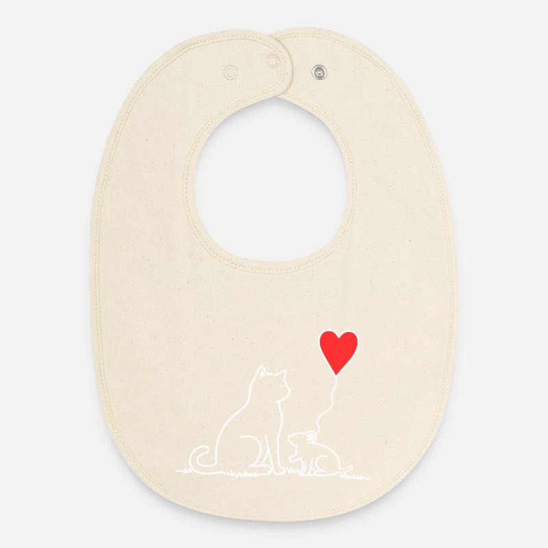 Chat et souris avec ballon en forme de cœur - Bavoir bébé bio - écru doux