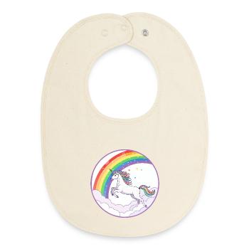 Rainbow Unicorn Over Clouds Hearts Motif - Baby Organic Bib - soft Ecru - Front