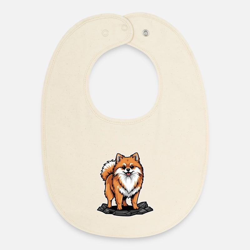 Chien Spitz Nain Pomeranian sur Rocher Mignon - Bavoir bébé bio - écru doux