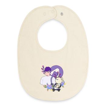 Onigiri Snack & Bear on Mobility Scooter - Baby Organic Bib - soft Ecru - Front