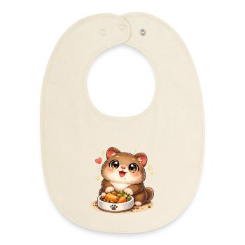 Cuddly kitten with food bowl - Baby Organic Bib - soft Ecru - Front
