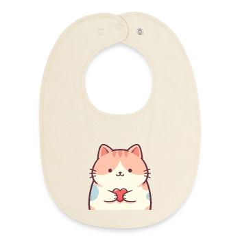 Cuddly Kitten Heart Cartoon Cat - Baby Organic Bib - soft Ecru - Front