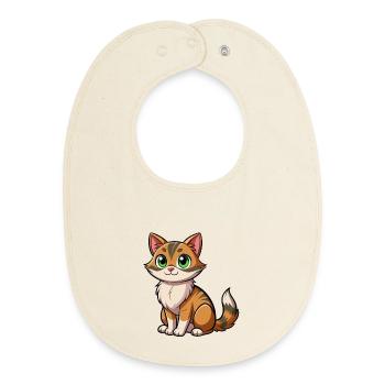 Chat cartoon câlin aux yeux verts - Bavoir bébé bio - écru doux - Devant