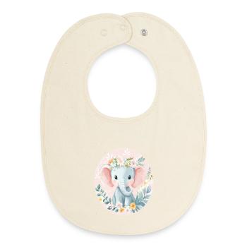 Sanftes Elefantenbaby mit Blumenkranz - Baby Organic Lätzchen - Natur - Vorne